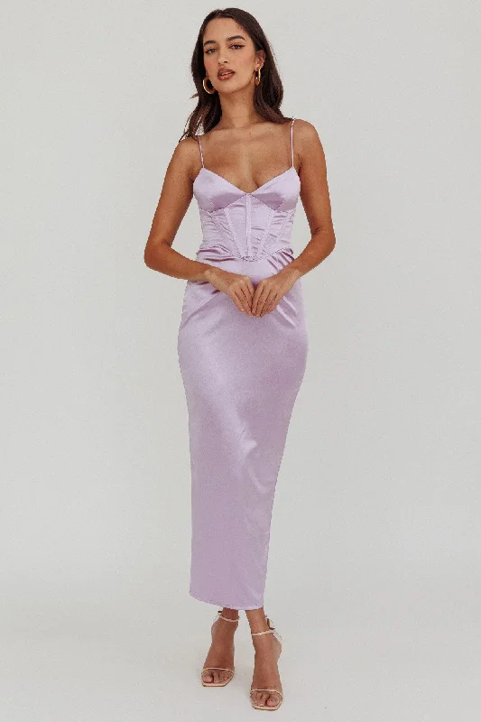 ladies-maxi-dress-umber-drift-Seraya Lace-Up Back Satin Maxi Dress Lilac