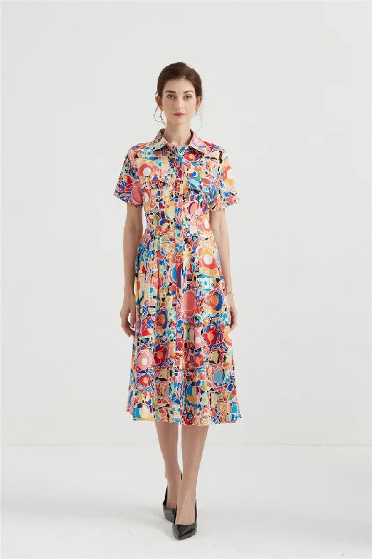 Women's midi dress one shoulder -Multicolor Day A-line Shirt Colar Short Sleeve Midi Dress