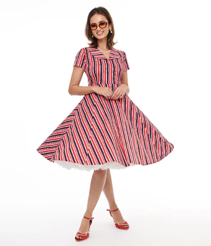 Women's flare dress pink -1950s Red & Navy Blue Striped Fit & Flare Dress