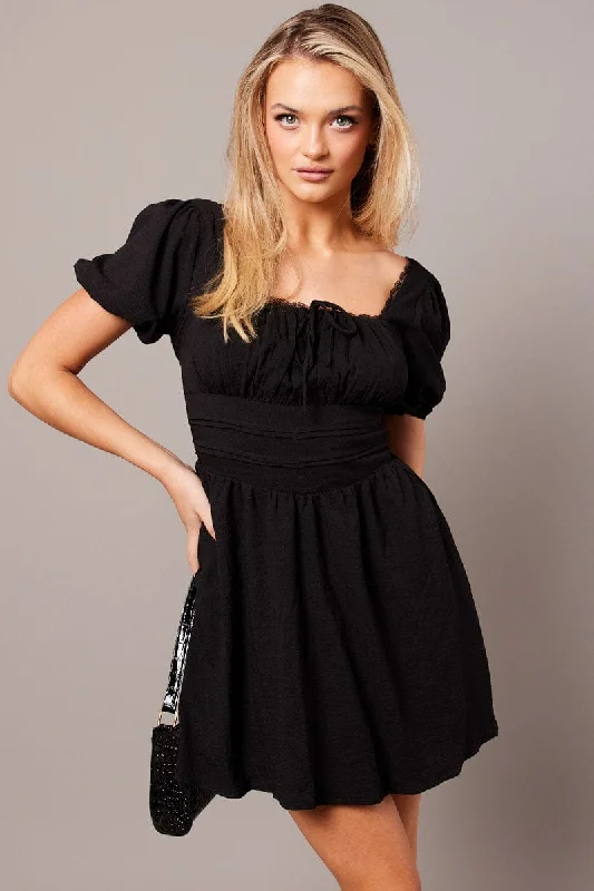 Women's flare dress birthday -Black Fit And Flare Dress Puff Sleeve