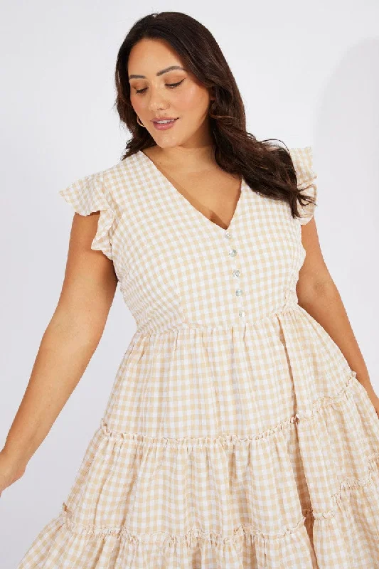 Women's flare dress corporate -Beige Check Fit And Flare Dress Short Sleeve