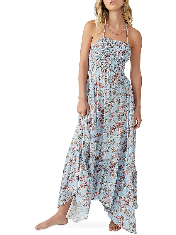 ladies-maxi-dress-open-back-sway-Heat Wave Womens Printed Smocked Maxi Dress