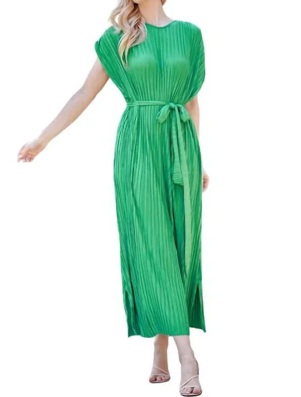 Women's midi dress slim fit -Plisse Midi Dress In Green