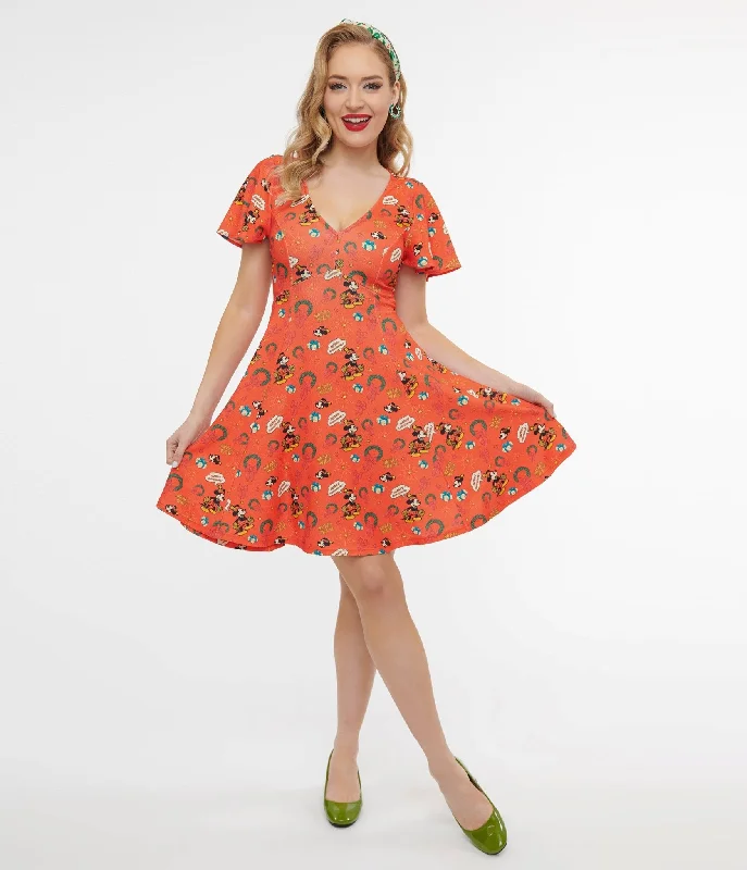 Women's flare dress casual elegance -Disney Holiday Collection by Unique Vintage Mickey Christmas Fit & Flare Dress