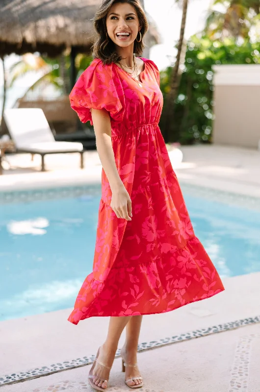 Women's floral dress bold -Odds Are In Your Favor Red Floral Midi Dress