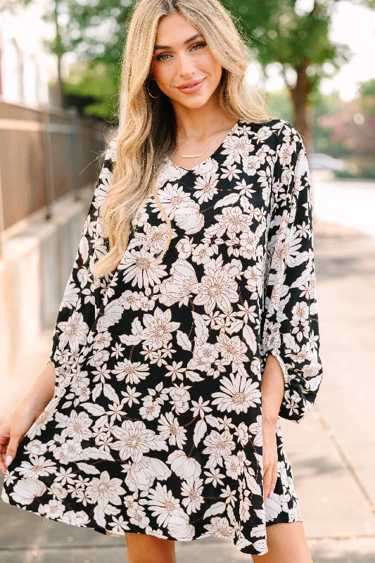 Women's floral dress ruched -Loud And Clear Black Floral Bubble Sleeve Dress