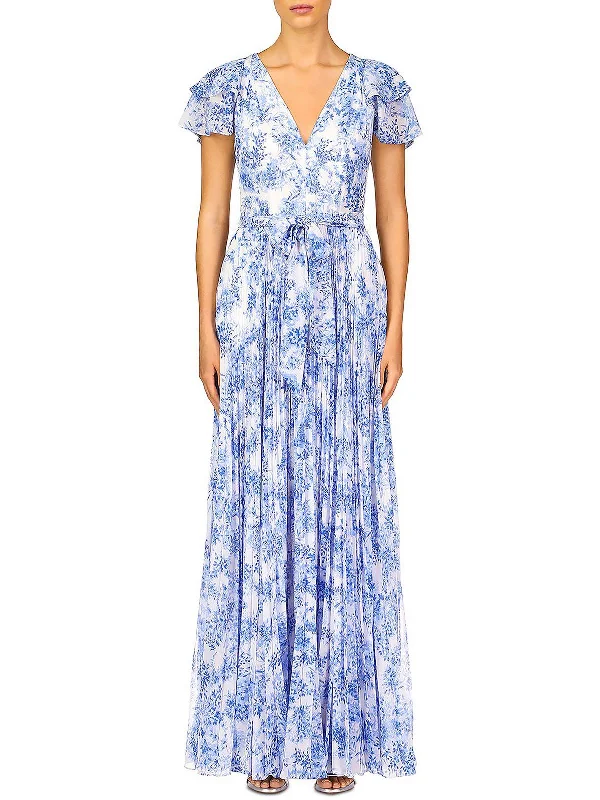 ladies-maxi-dress-keyhole-charm-Womens Pleated Floral V-Neck Maxi Dress