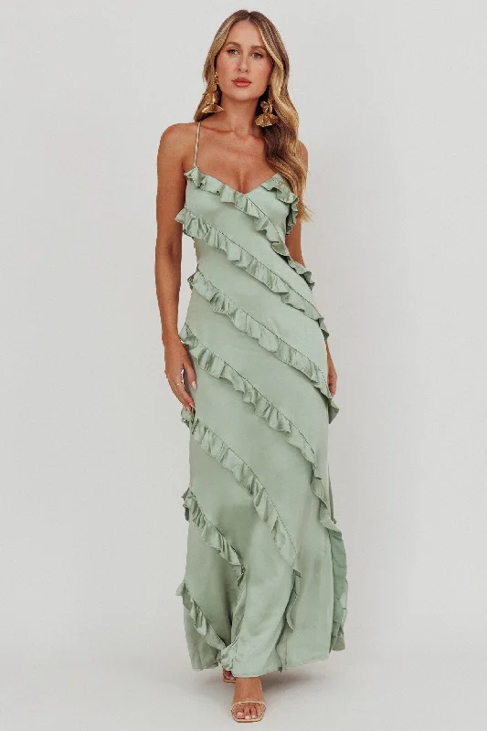 ladies-maxi-dress-ruched-length-Arrabel Ruffle Trim Maxi Dress Sage