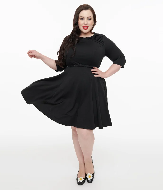 Women's flare dress cocktail -Unique Vintage Plus Size 1960s Black Knit Stephanie Fit & Flare Dress