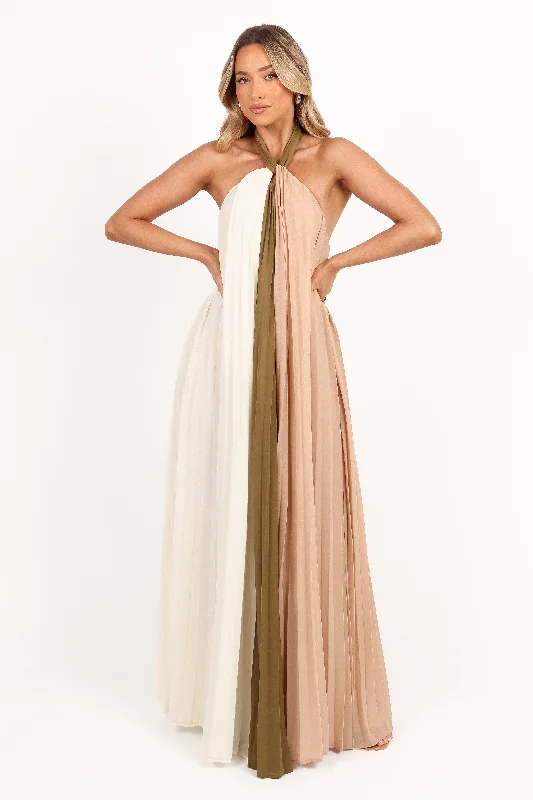 ladies-maxi-dress-dainty-drape-Reanna Maxi Dress - Olive Multi