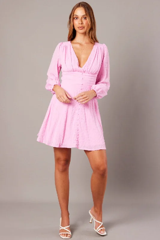 Women's flare dress breathable -Pink Fit And Flare Dress Long Sleeve