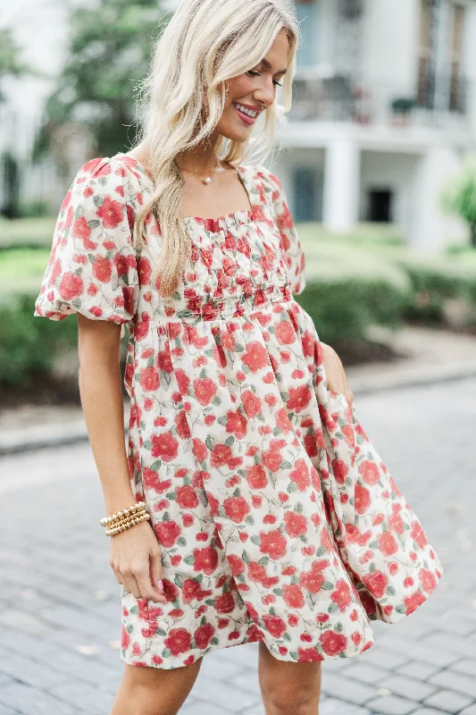 Women's floral dress grunge -What A Doll Brick Red Floral Babydoll Dress