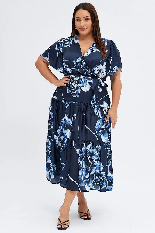 Women's flare dress plus size -Blue Abstract Midi Dress Cross Front Flare Sleeve Satin