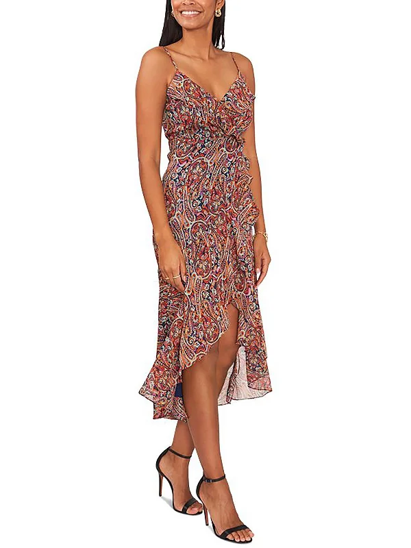 Women's midi dress bohemian -Petites Womens Chiffon Printed Midi Dress