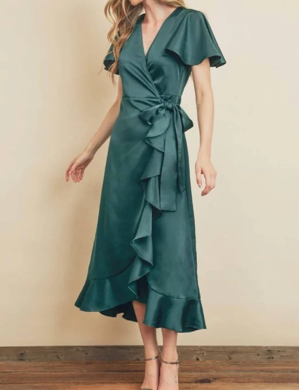 Women's midi dress turtleneck -Flutter Sleeve Midi Wrap Dress in Emerald