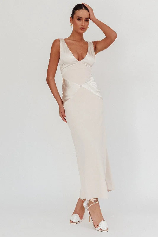 ladies-maxi-dress-satin-drape-Soul Fire V-Neck Maxi Dress Champagne