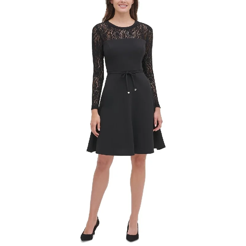 Women's flare dress minimalist -Tommy Hilfiger Women's Petite Lace-Sleeve Fit & Flare Dress Black Size 8 P