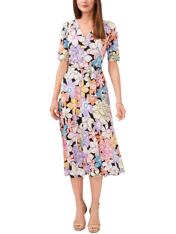 Women's midi dress long sleeve -Petites Womens Floral Print Polyester Midi Dress