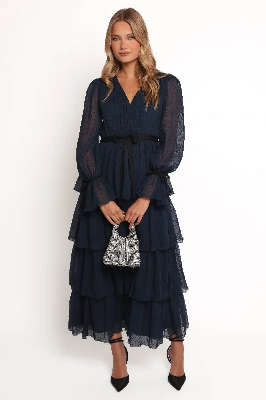 ladies-maxi-dress-minimal-drift-Antoinette Long Sleeve Tiered Maxi Dress - Navy