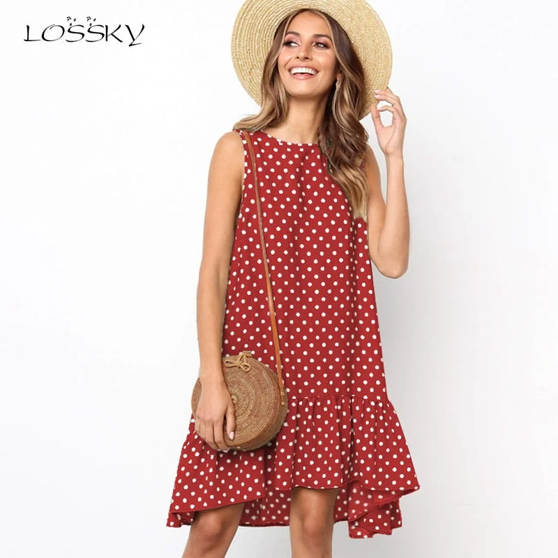 ladies-mini-dress-slate-sleek-Lossky Women Summer Dress Polka Dot Chiffon Sleeveless Beach Mini Casual Yellow Sundress 2021 Fashion Plus Size Dress For Women