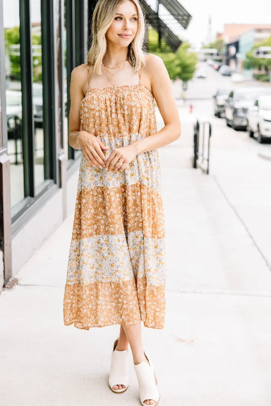 Women's floral dress avant-garde -Stay With Me Taupe Brown Ditsy Floral Midi Dress