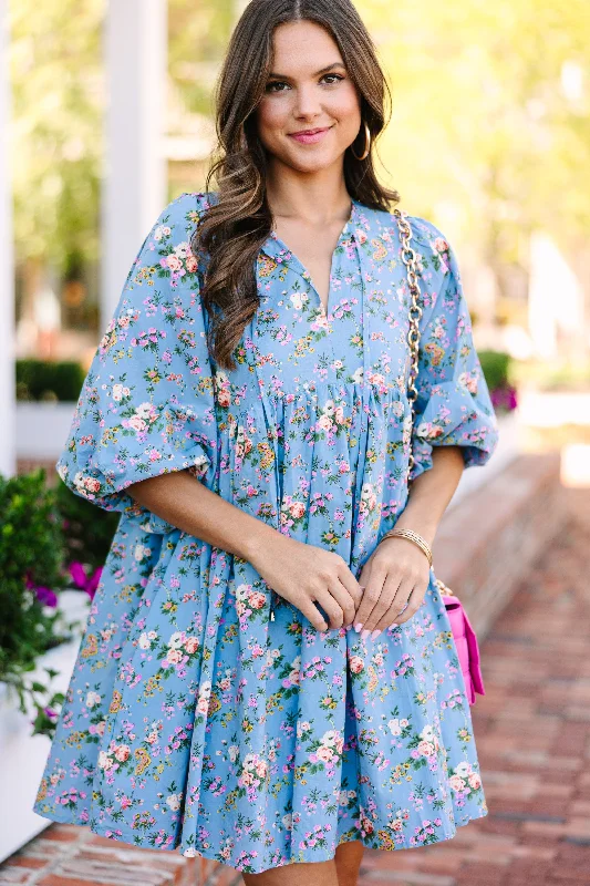 Women's floral dress slit -Call You Over Blue Floral Dress