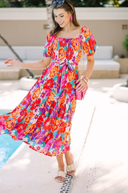 Women's floral dress puff sleeve -Return To Me Magenta Floral Midi Dress