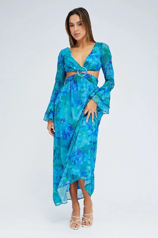 Women's flare dress feminine -Blue Floral Maxi Dress Flared Sleeve Ring Detail Chiffon