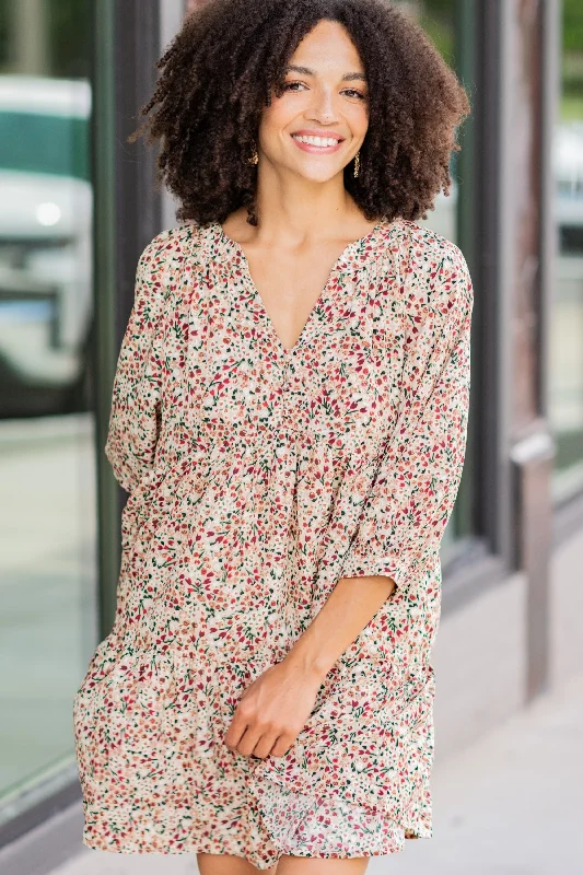 Women's floral dress V-neck -Can't Be Outdone Beige Brown Ditsy Floral Dress