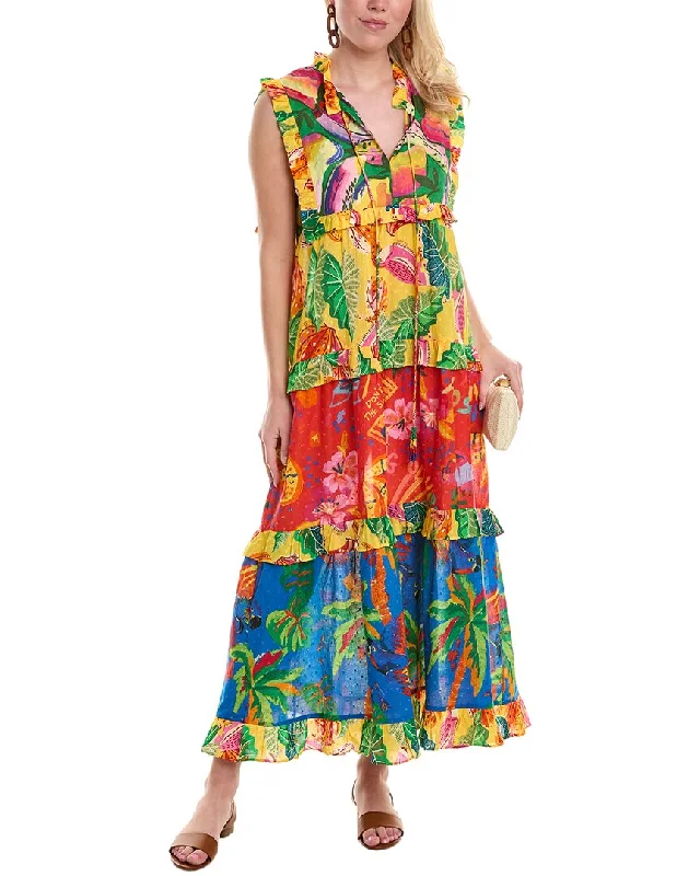 ladies-maxi-dress-white-serene-FARM Rio Mixed Prints Tiered Maxi Dress