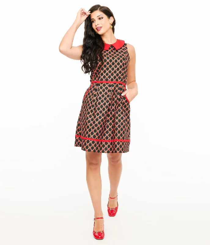 Women's flare dress casual summer -Retrolicious 1950s Black & Red Bow Cotton Fit & Flare Dress