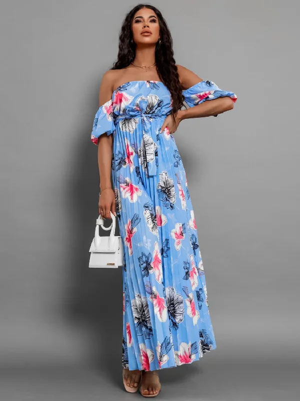 Women's floral dress bridal shower -Pleated Floral Off-Shoulder Short Sleeve Midi Dress