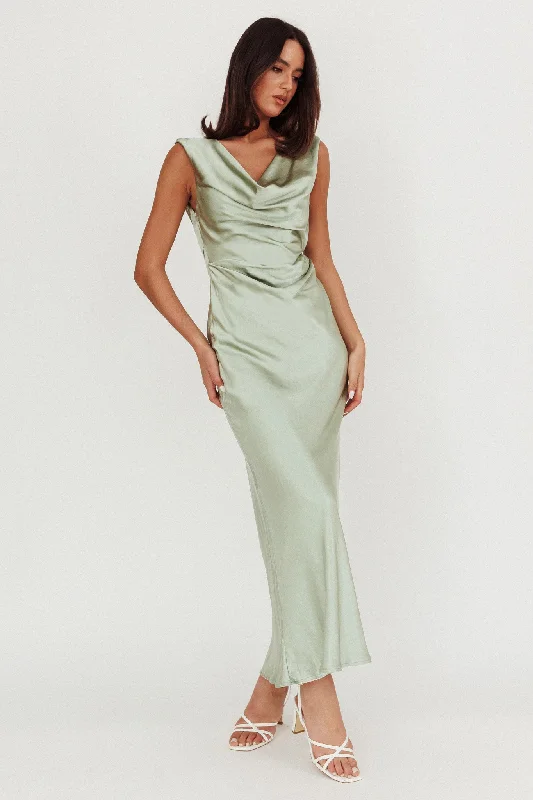 ladies-maxi-dress-crochet-charm-Chills Cowl Neck Satin Maxi Dress Sage