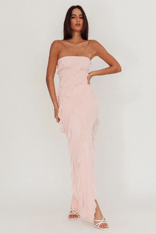 ladies-maxi-dress-trendy-sweep-Just Friends Strapless Ruffle Maxi Dress Light Pink