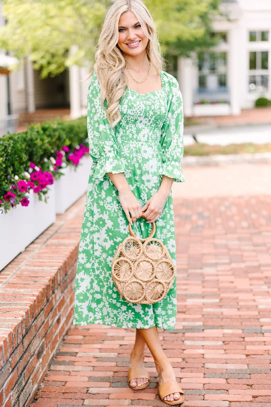 Women's floral dress romantic -Feeling Bold Kelly Green Floral Midi Dress