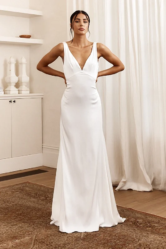 ladies-maxi-dress-prom-glamour-See The Sun V-Neckline Satin Maxi Dress White