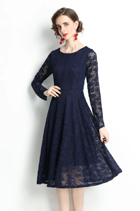 Women's midi dress round neck -Navy Evening Lace A-line Boatneck Long Sleeve Midi Classic Dress