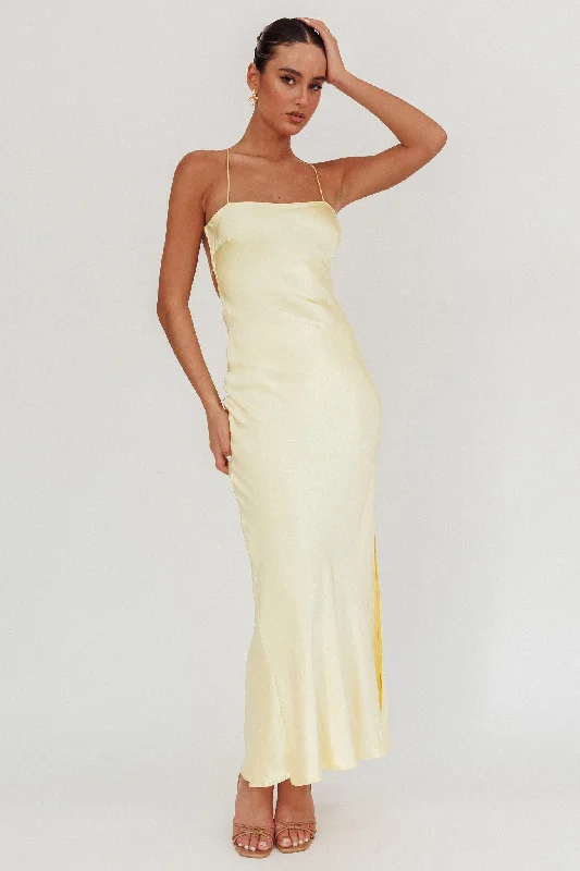 ladies-maxi-dress-sweeping-train-Dolce Life Backless Satin Maxi Dress Butter