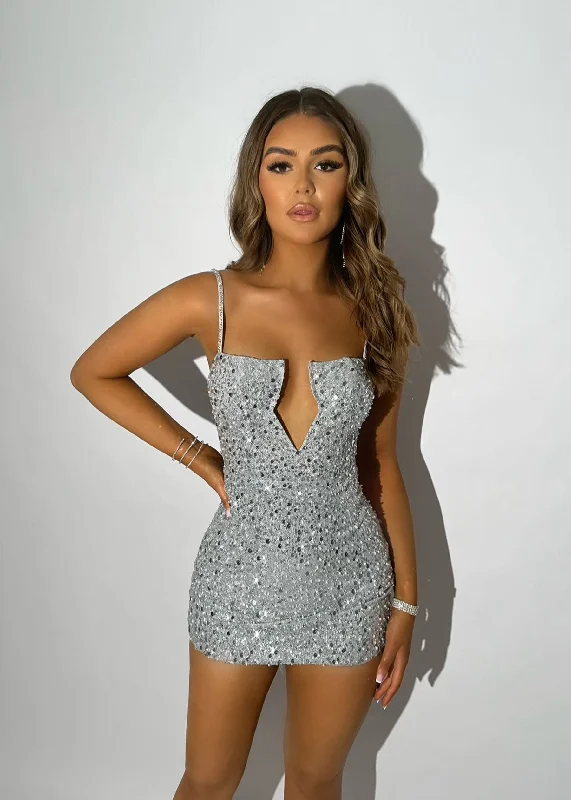 ladies-mini-dress-plus-size-sass-Wild Intentions Sparkle Mini Dress - Silver