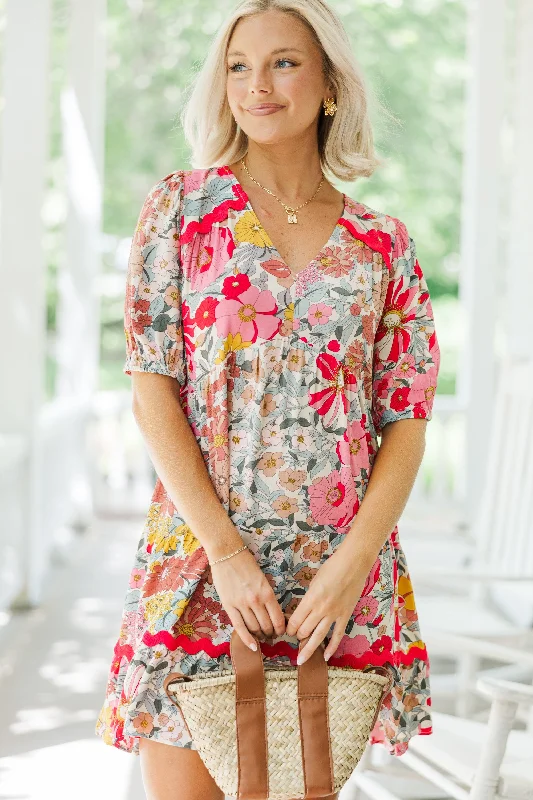 Women's floral dress button down -Need To Know Pink Floral Rickrack Dress