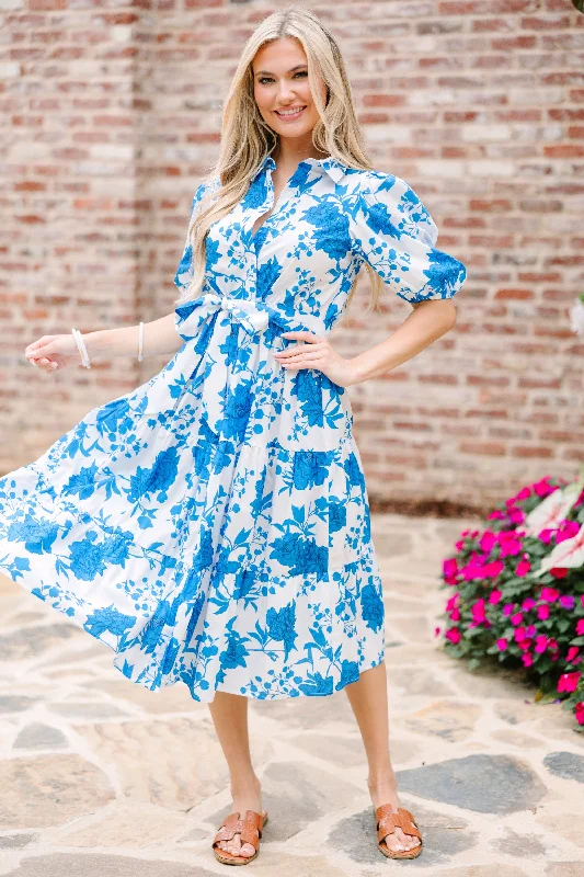 Women's floral dress cold shoulder -Feeling Alive Blue Floral Midi Dress