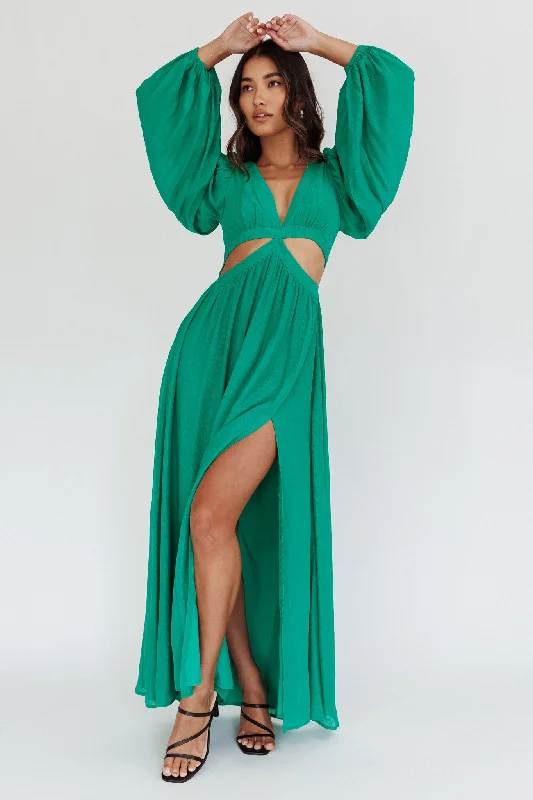 ladies-maxi-dress-puff-sleeve-flow-Jessalynn Cut-Out Long Sleeve Maxi Dress Green