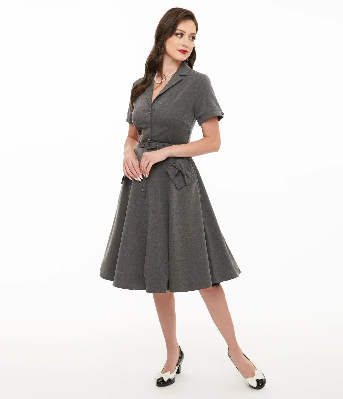 Women's flare dress warm weather -Voodoo Vixen 1950s Grey Bow Fit & Flare Dress