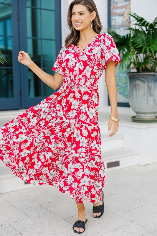 Women's floral dress bachelorette -It's In The Air Red Floral Tiered Midi Dress