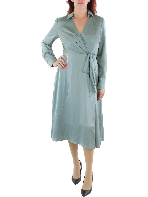 Women's midi dress casual -Womens Charmeuse Long Sleeves Midi Dress