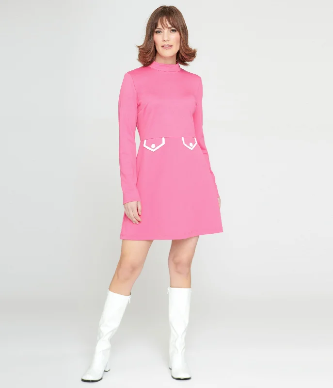 Women's flare dress bell sleeve -Smak Parlour 1960s Hot Pink Mock Turtleneck Fit & Flare Dress