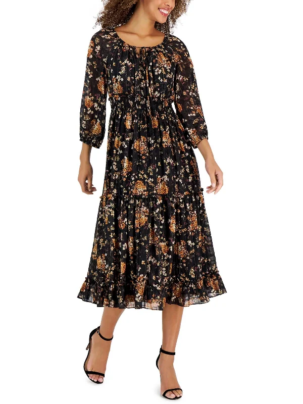 Women's midi dress boho -Petites Womens Printed Smocked Midi Dress