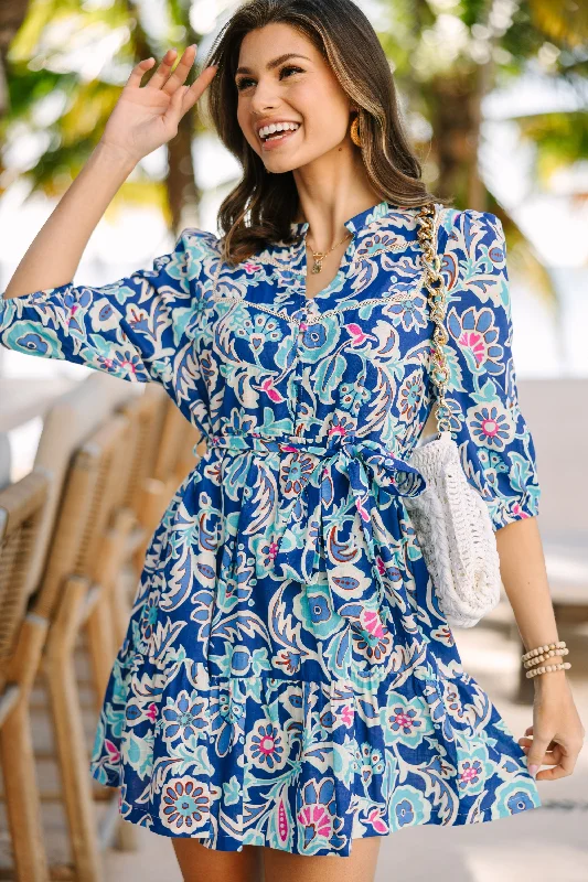 Women's floral dress backless -Give Your All Blue Floral Dress