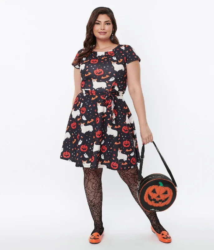 Women's flare dress meeting -Black & Spooky Ghost Dog Flare Dress