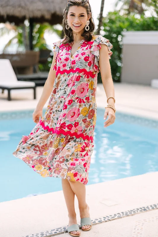 Women's floral dress stretchy -Open Your Heart Rose Pink Floral Midi Dress